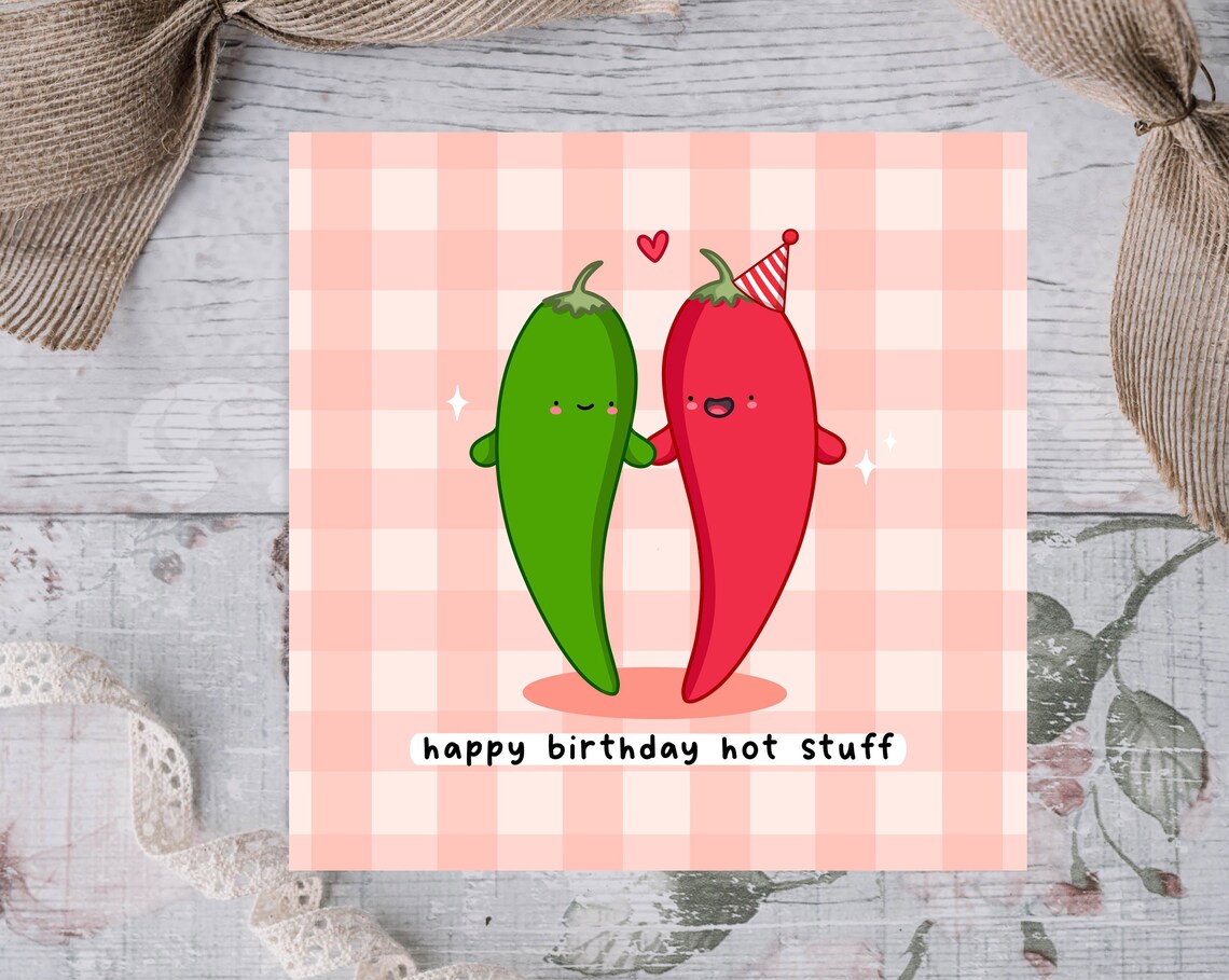 Happy Birthday Hot Stuff Card Funny Pun Birthday Card Punny Love Card Chilli Pun Gingham Card - Image 5