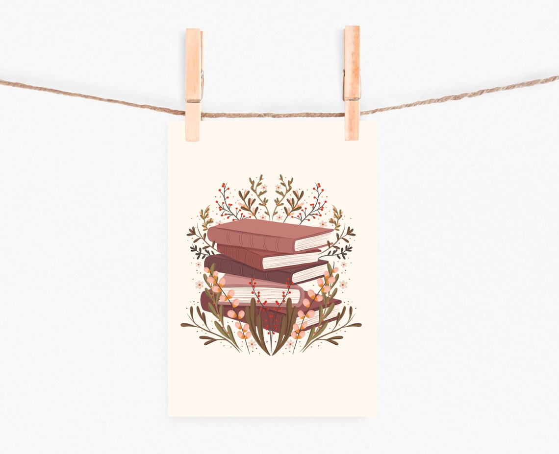 Stack of Vintage Books Botanical Floral Illustration Art Print - Image 4