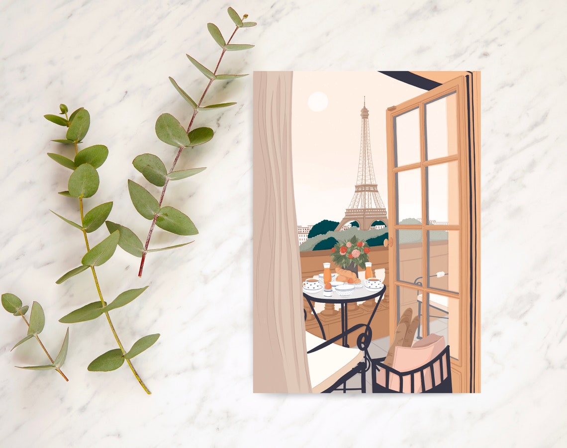 Paris Balcony Breakfast Eiffel Tower Morning View Daytime Art Print - Image 3
