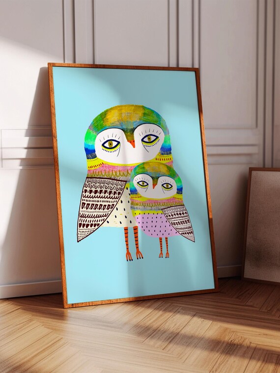 Colorful Patterned Mother and Baby Owl Whimsical Nursery Wall Art