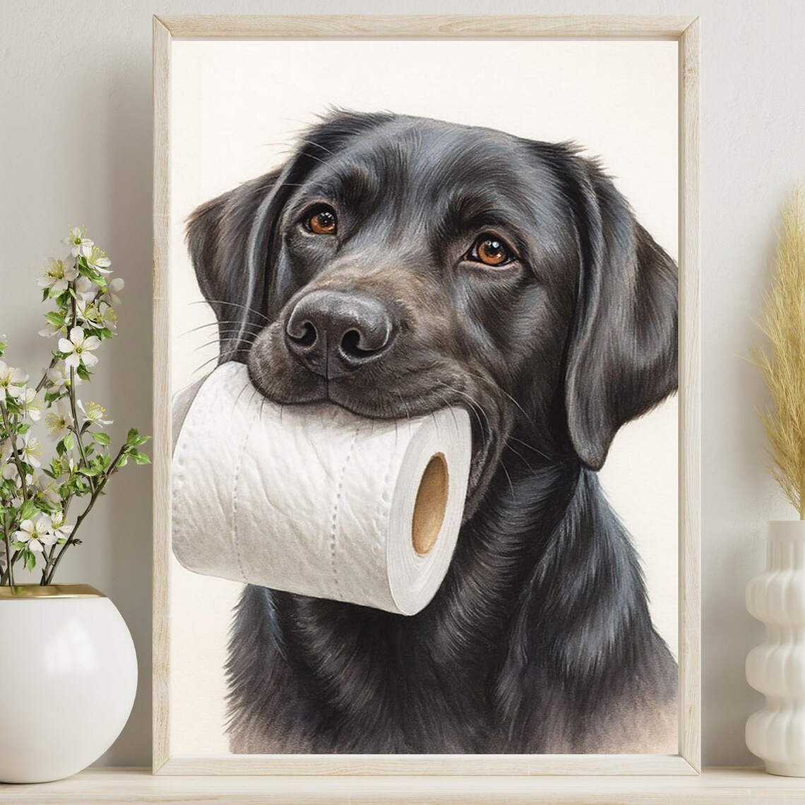 Black Lab Puppy Holding Toilet Paper Funny Bathroom Dog Poster