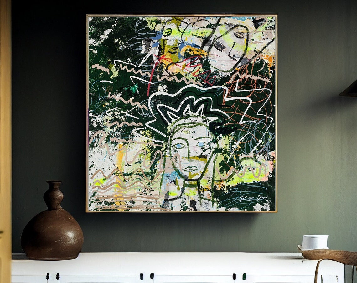 Crowned Figure Dark Green Modern Abstract Painting By Ron Deri Poster