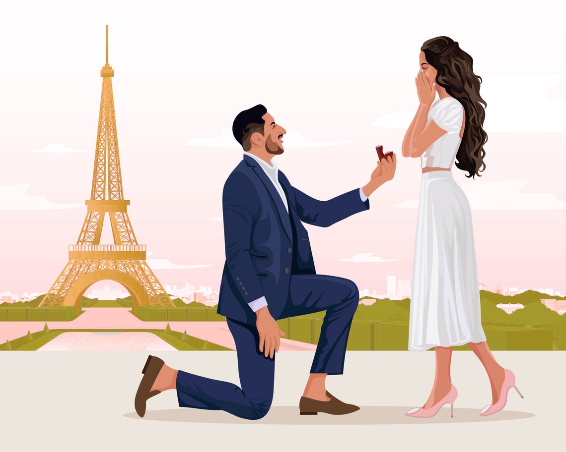 Paris Eiffel Tower Sunset Marriage Proposal Illustration Poster - Image 6