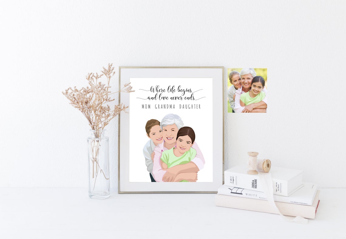 Three Generations Family Portrait Custom Cartoon Illustration Poster - Image 2