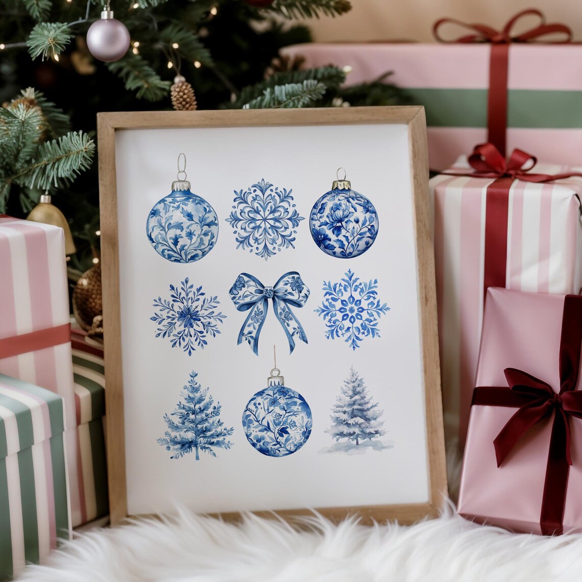Chinoiserie Baubles Snowflakes Blue White Christmas Grid Poster