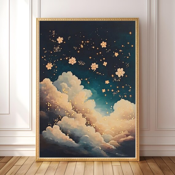Floral Cloud Starry Night Sky Art Print