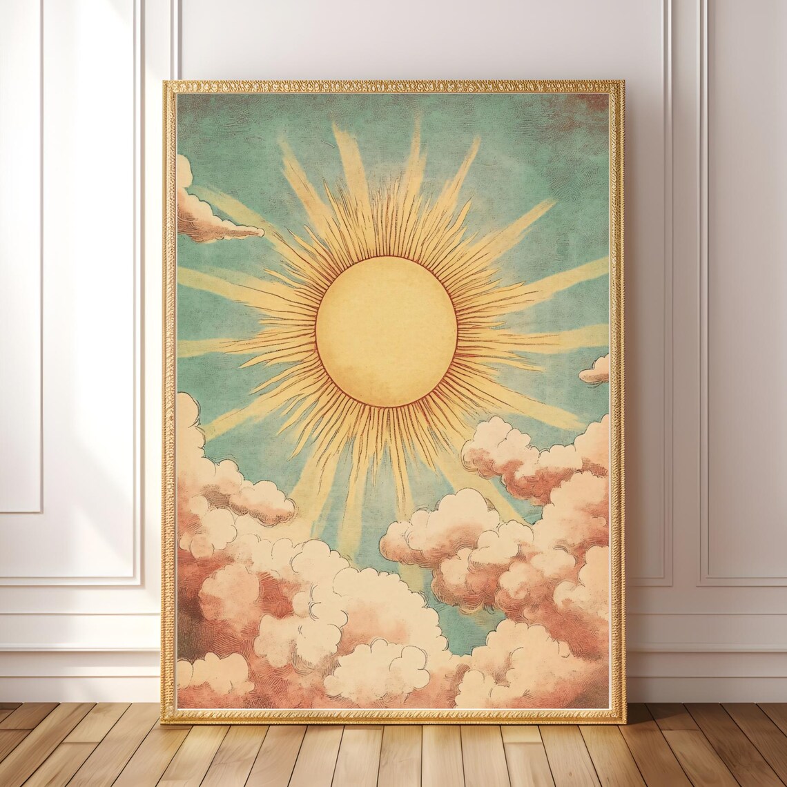 Vintage Sun Clouds Celestial Poster, Boho Sky Decor