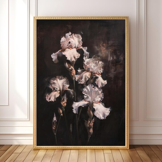 Dark Moody Iris Oil Painting Cottage Academia Wall Art Bold Botanical Flower Print Whimsigoth Victorian Maximalist