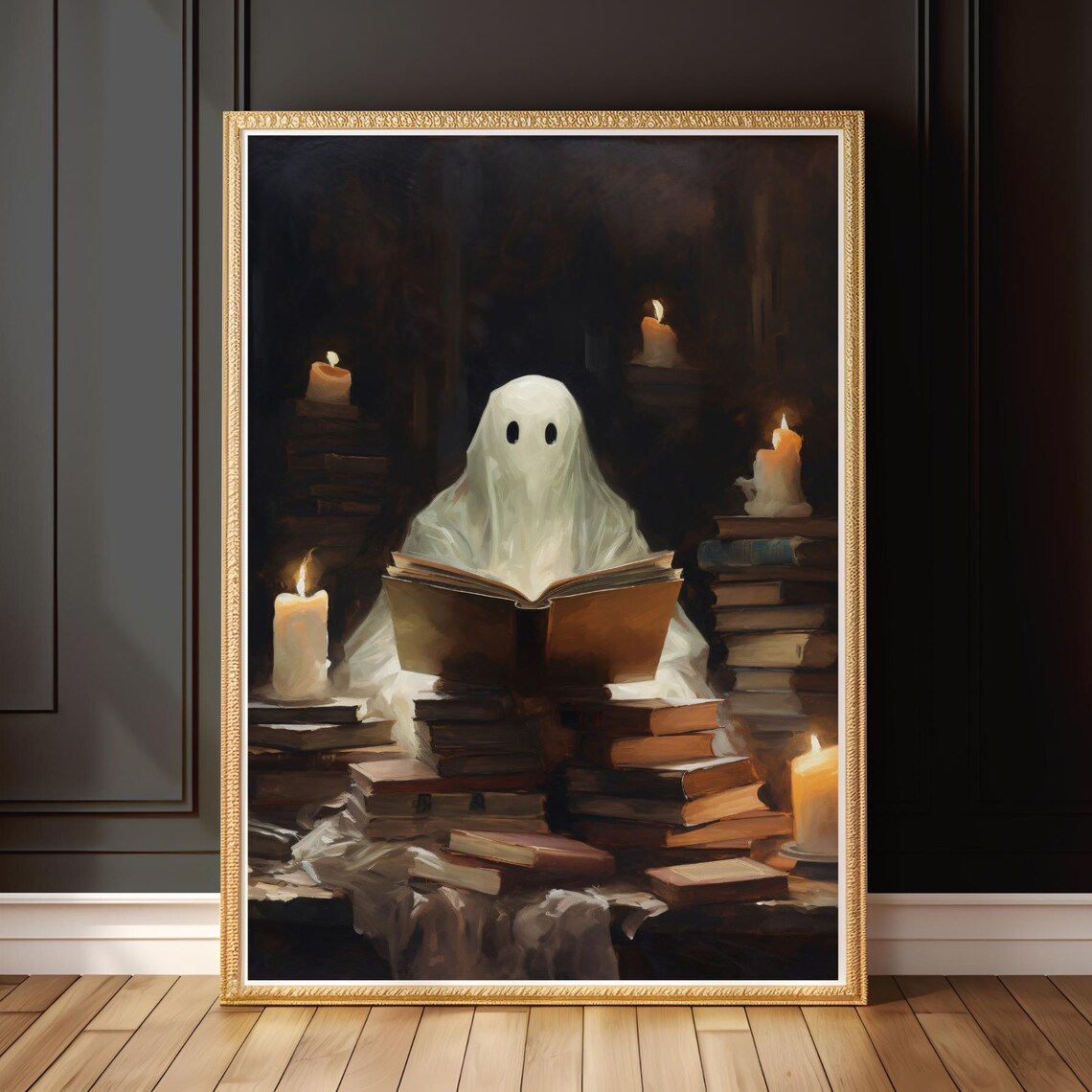 Cute Ghost Reading Book Candlelight Dark Academia Halloween Painting Poster