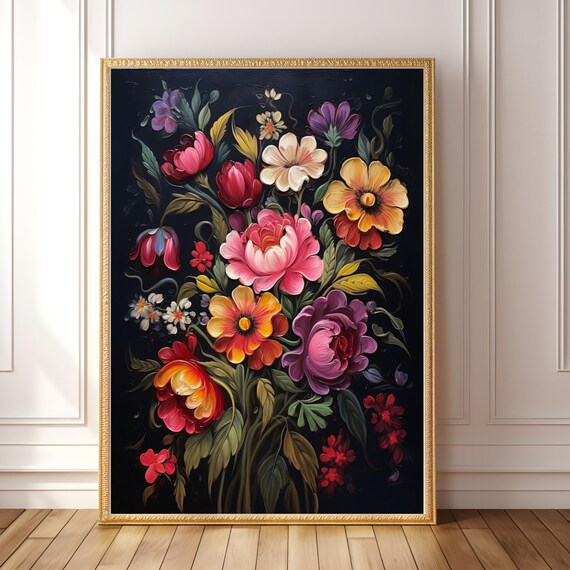 Moody Dark Floral Botanical Oil Painting Vintage Flower Poster