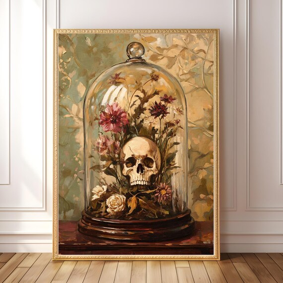 Skull and Floral Cloche, Gothic Botanical Art Print