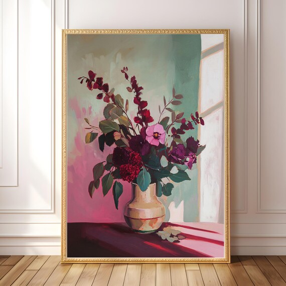 Moody Floral Still Life Feminine Romantic Vintage Botanical Wall Decor Jewel Tone Art Rustic Glam Print