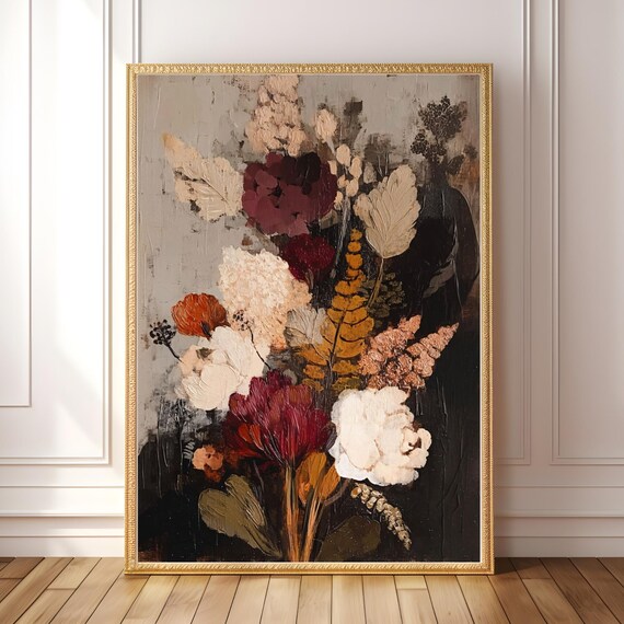 Dark Botanical Floral Print Moody Autumn Wall Art Vintage Still Life Painting Gothic Romantic Decor Burgundy