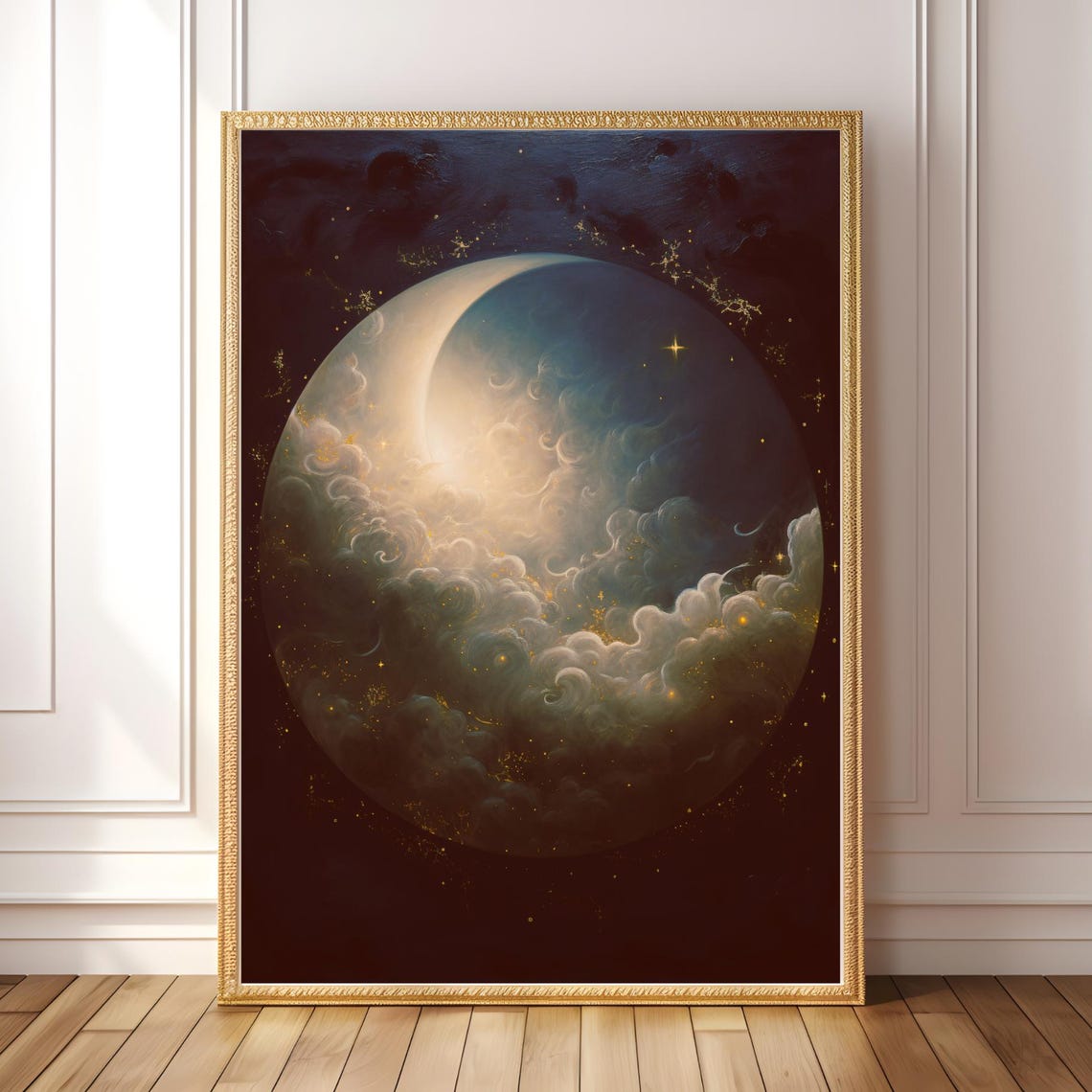 Crescent Moon Wall Art Mystical Cloudy Night Sky Fantasy Celestial Decor For Dreamy Spaces Dark Academia
