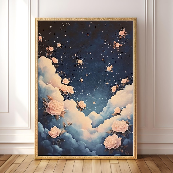 Floral Cloud Art Starry Night Sky Wall Decor Celestial Starscape Whimsical Fantasy Dark Academia Print