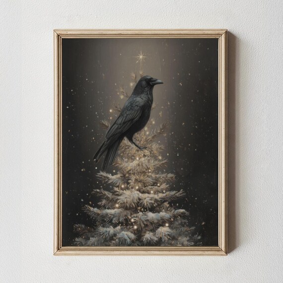 Moody Crow Christmas Poster Print, Gothmas Decor