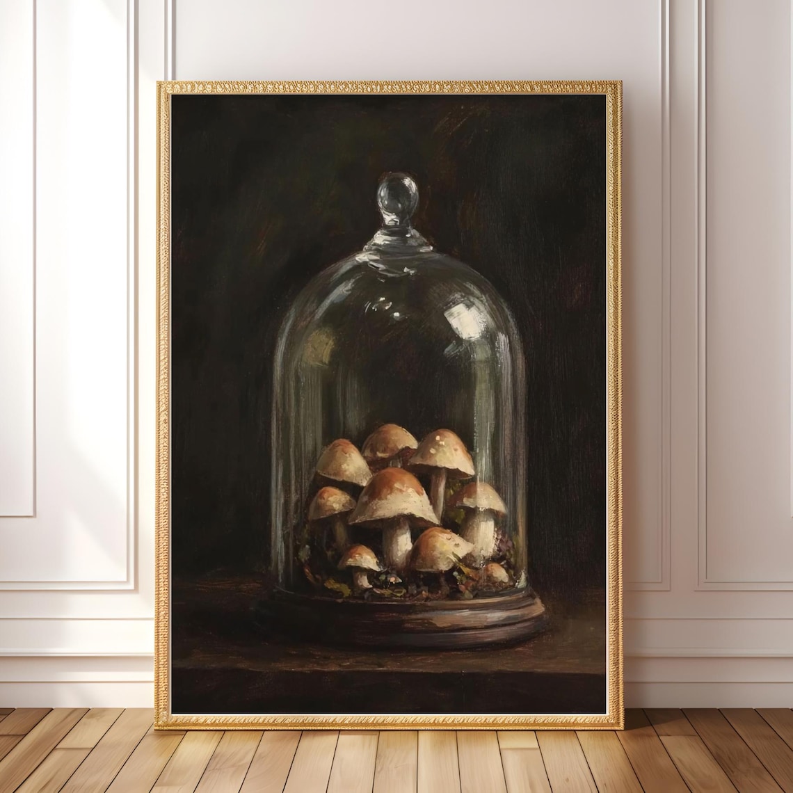 Mushrooms Under Glass Cloche Dark Academia Vintage Still Life Print