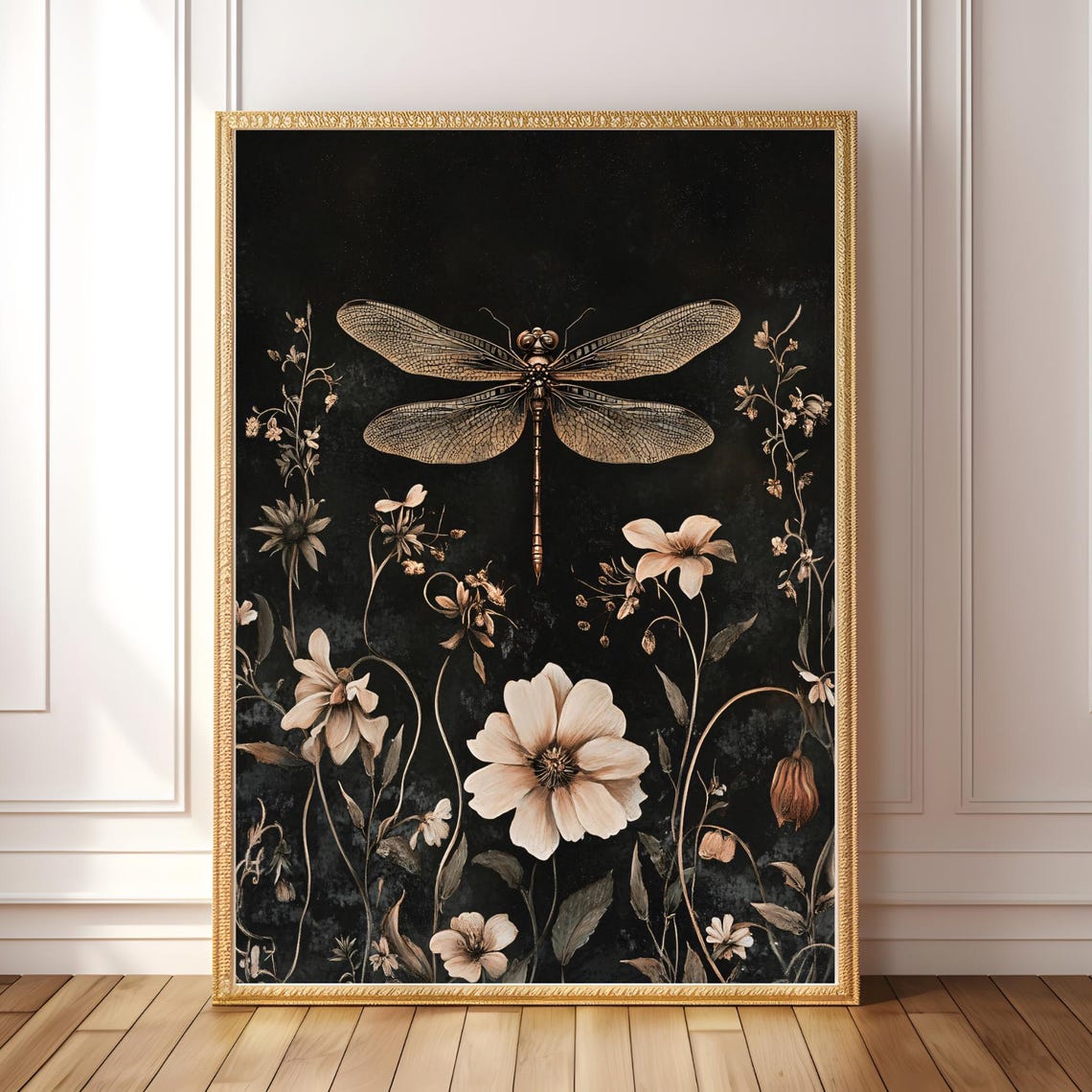 Vintage Dragonfly Wall Art Dark Botanical Floral Print Gothic Nature Decor Antique Insect Illustration Instant