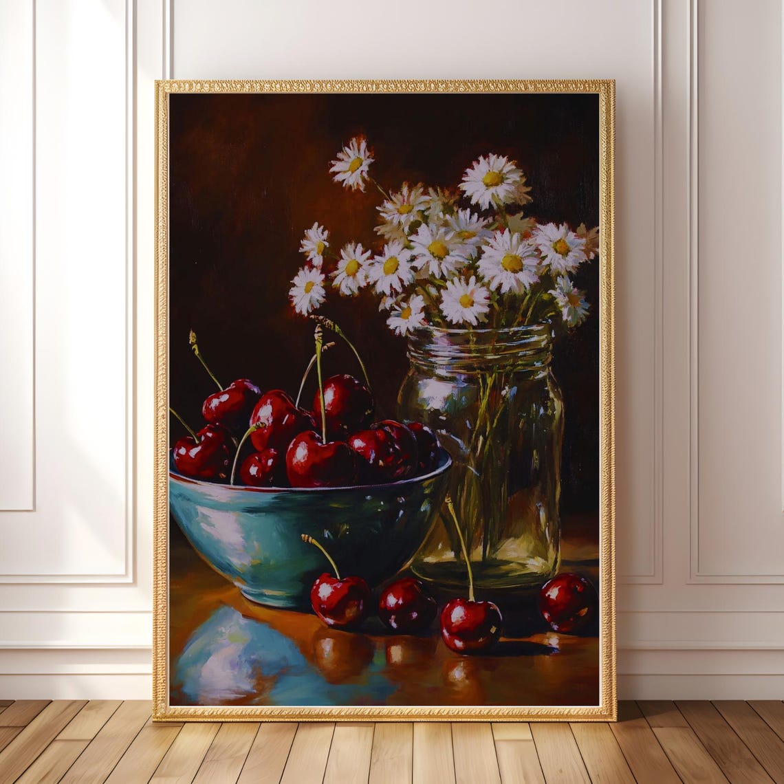 Cherry Still Life Painting Rustic Kitchen Fruit Bowl Wall Poster