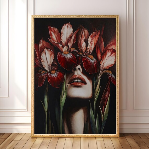 Moody Floral Woman Portrait Dark Feminine Art Surreal Flower Print Gothic Botanical Wall Boho Eclectic