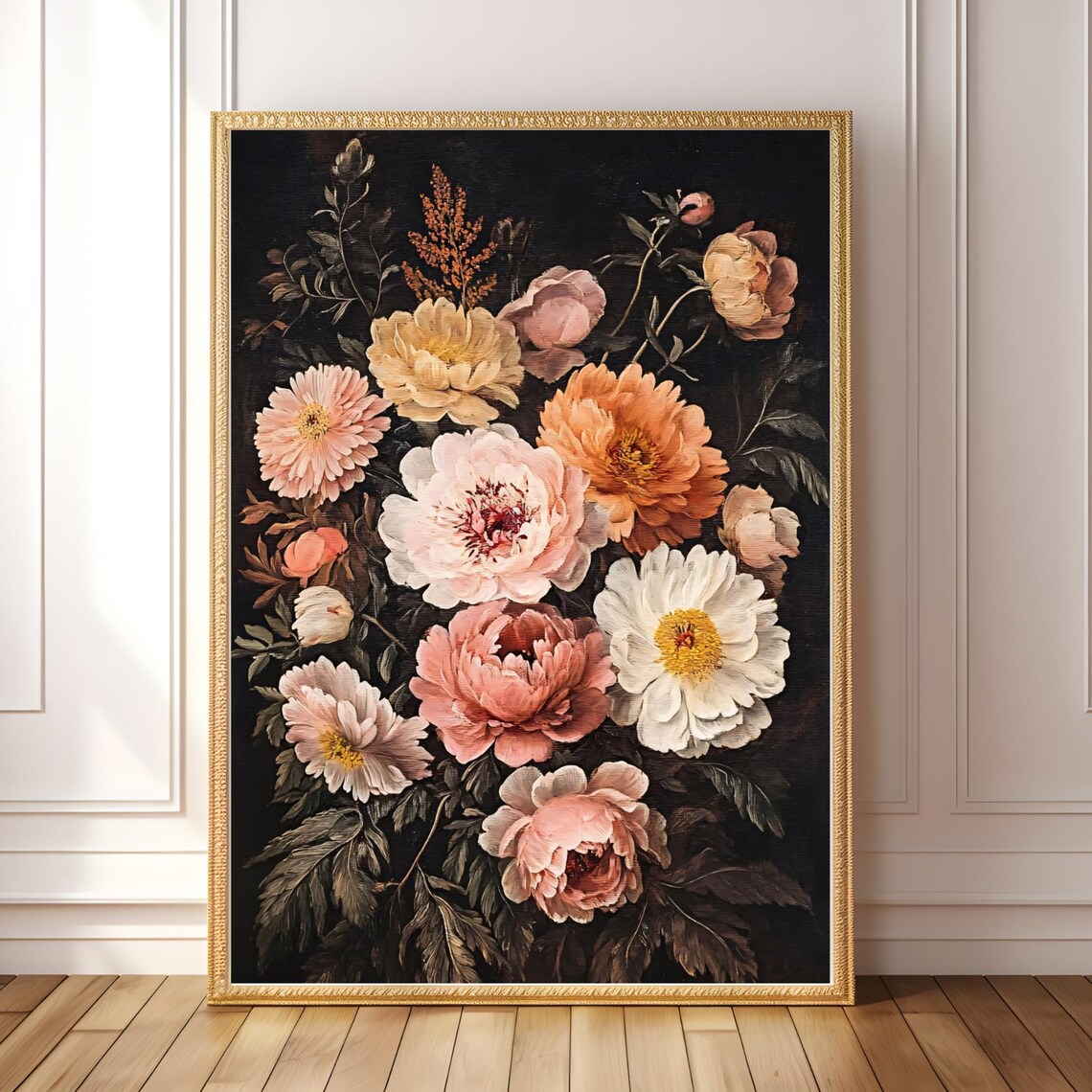 Dark Moody Floral Peony Botanical Oil Painting Vintage Poster