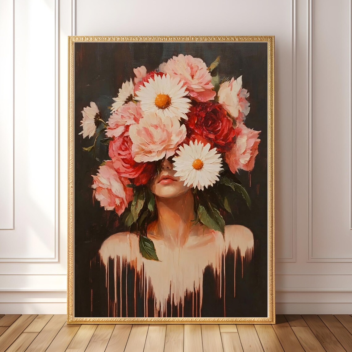 Flower Painting Surreal Portrait, Floral Face Art Print