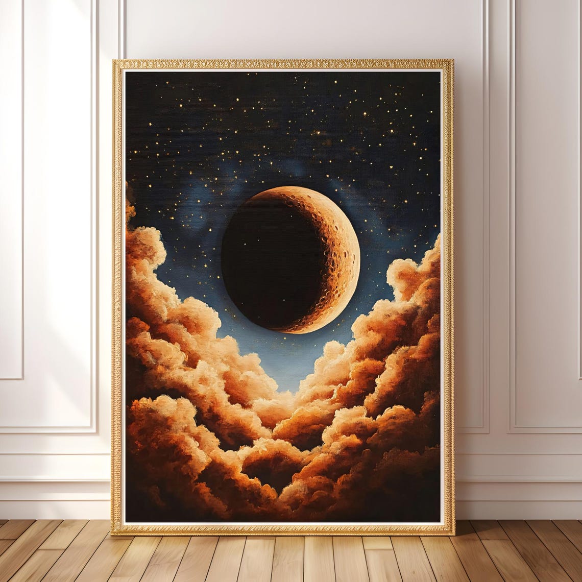 Celestial Moon Art Crescent Amber Clouds Vintage Night Sky Wall Decor Eclipsed Painting Moody Dark Academia Print