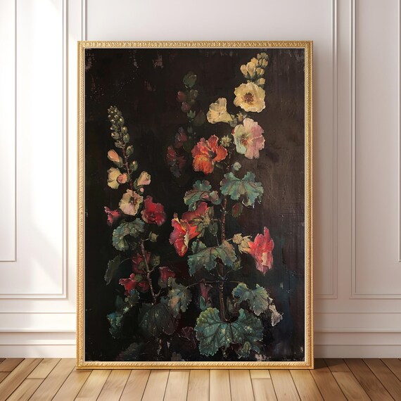 Moody Hollyhocks Painting Whimsigoth Decor Vintage Flower Wall Art Gothic Boho Print Victorian Goth Dark Academia Floral