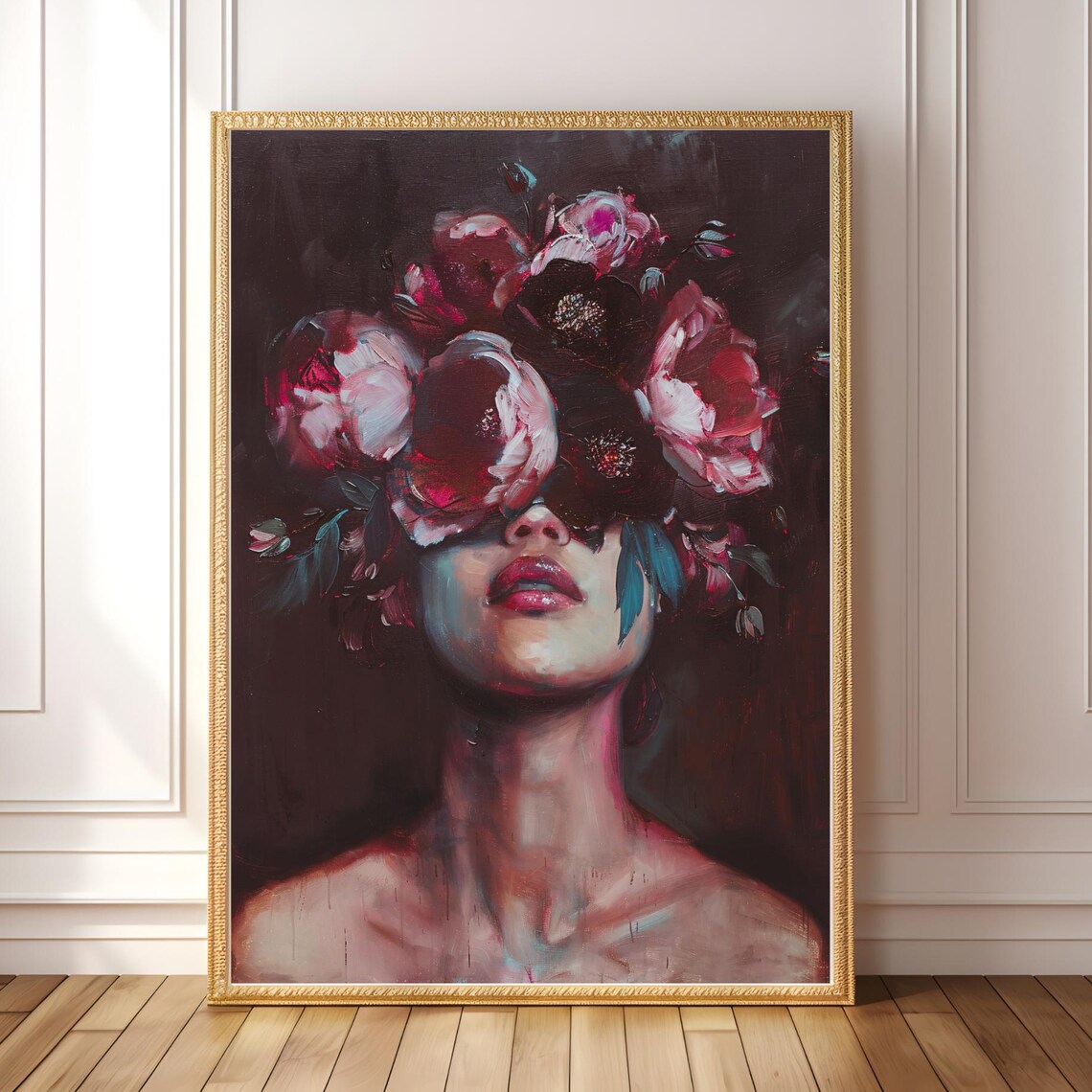 Bold Floral Portrait Art Print, Moody Gothic Woman