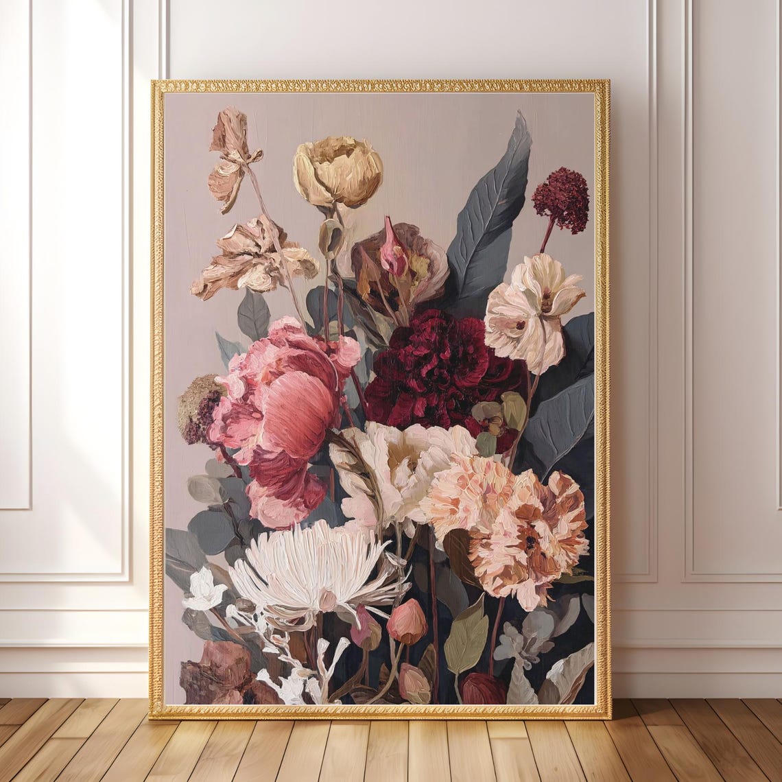 Dark Botanical Peony Bouquet Moody Vintage Floral Painting Wall Art