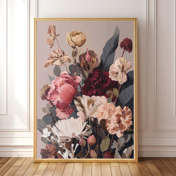 Dark Botanical Flower Print Vintage Floral Wall Art Moody Romantic Bouquet Gothic Burgundy Still Life Decor