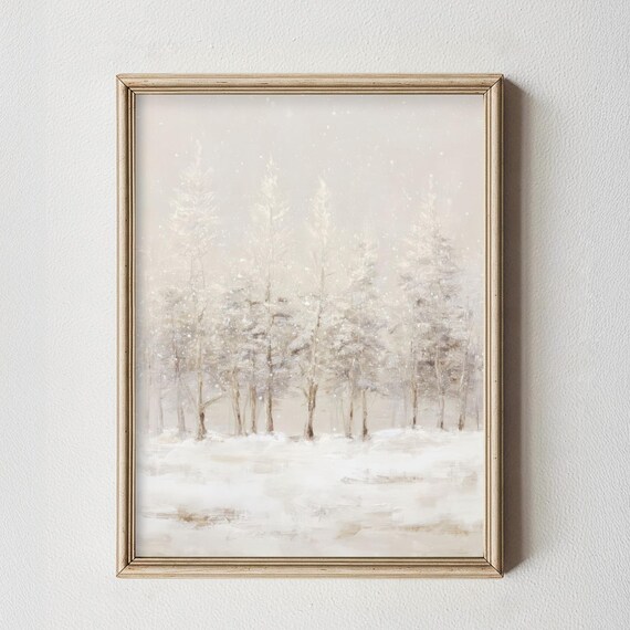 Moody Snowy Winter Forest Vintage Landscape Painting Christmas Wall Art