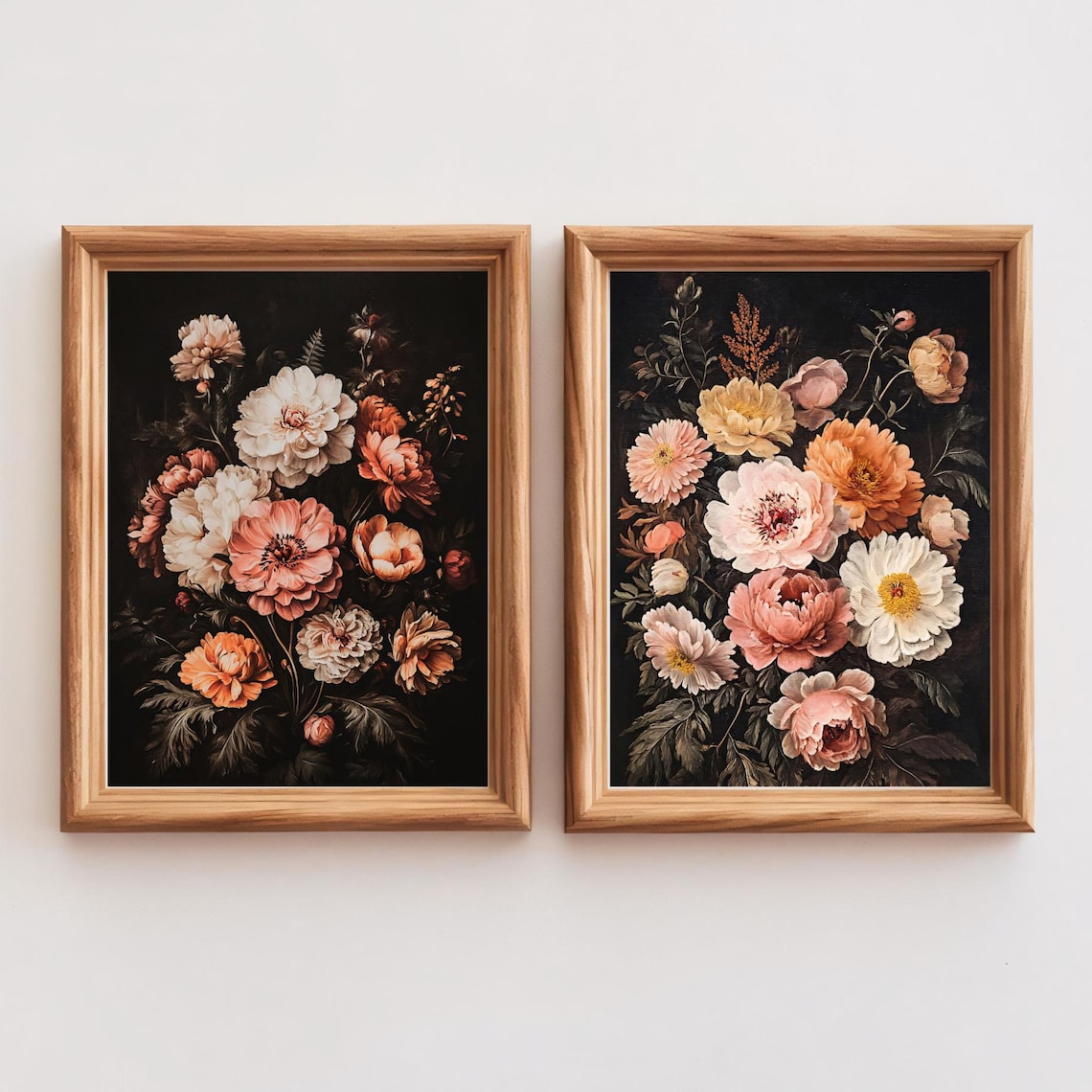 Set of 2 Vintage Floral Still Life Dark Botanical Paintings Poster