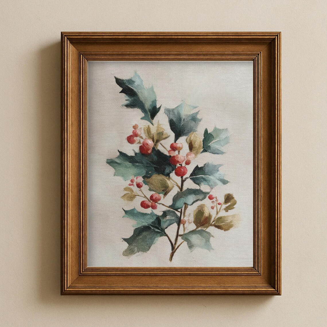 Moody Christmas Wall Art Rustic Holly Print Holiday Botanical Decor White Farmhouse Winter