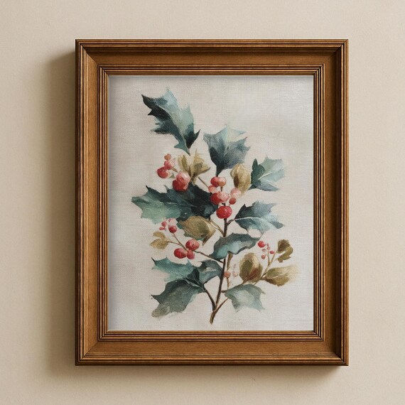 Moody Christmas Wall Art Rustic Holly Print Holiday Botanical Decor White Farmhouse Winter