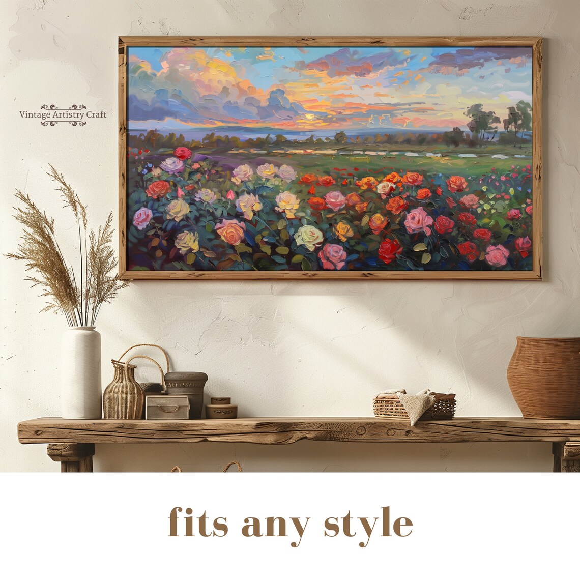 Rose Garden at Sunset Vibrant Oil Painting Romantic Floral Poster - Image 4