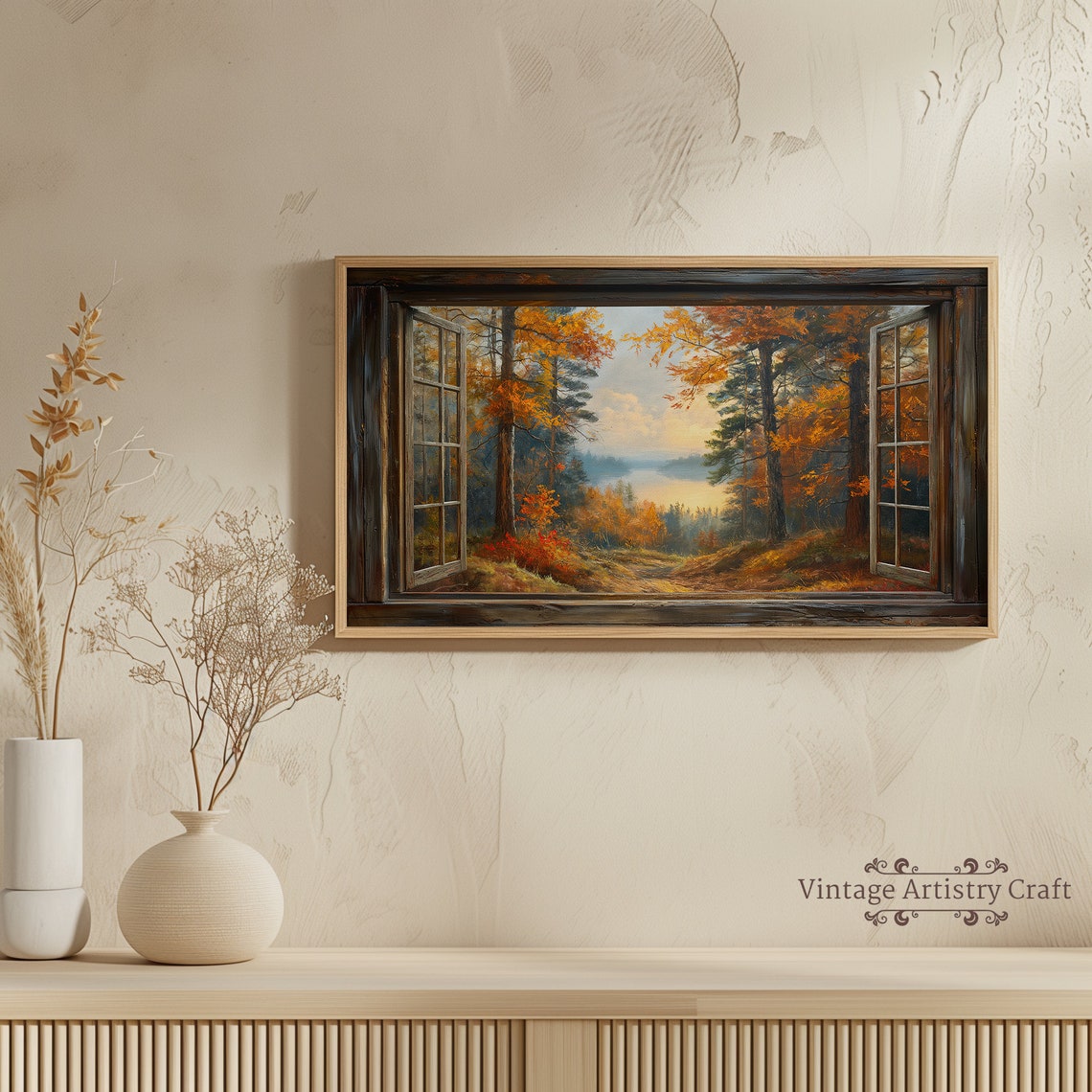 Open Window View Autumn Forest Lake Rustic Fall Landscape Poster - Image 5