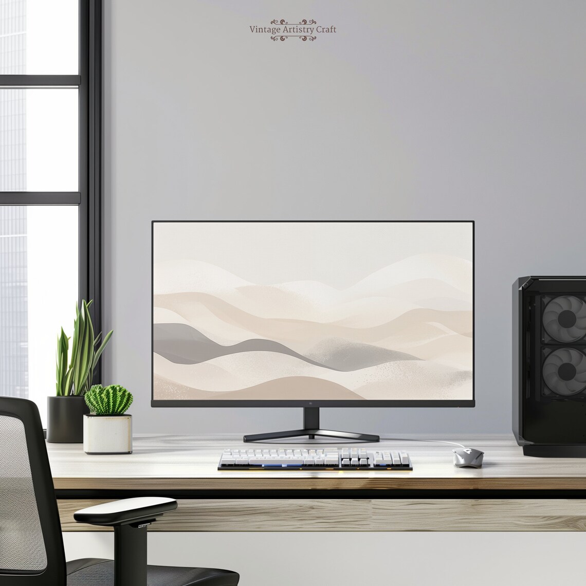 Neutral Beige Abstract Wave Lines Minimalist Desktop Wallpaper Wall Art - Image 4