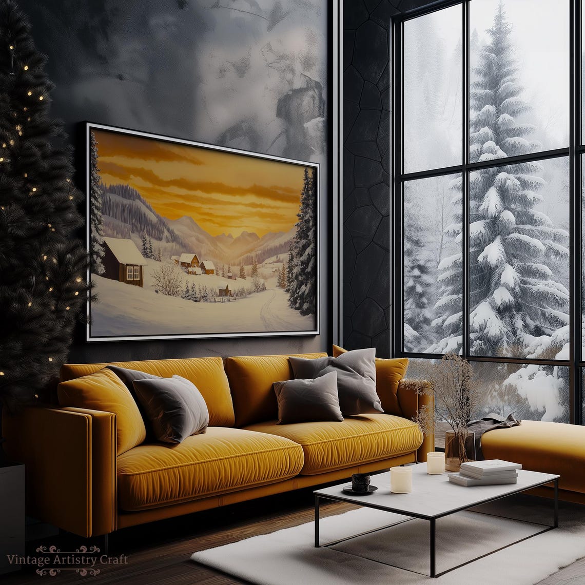Snowy Mountain Village Sunrise Golden Winter Landscape Poster - Image 3
