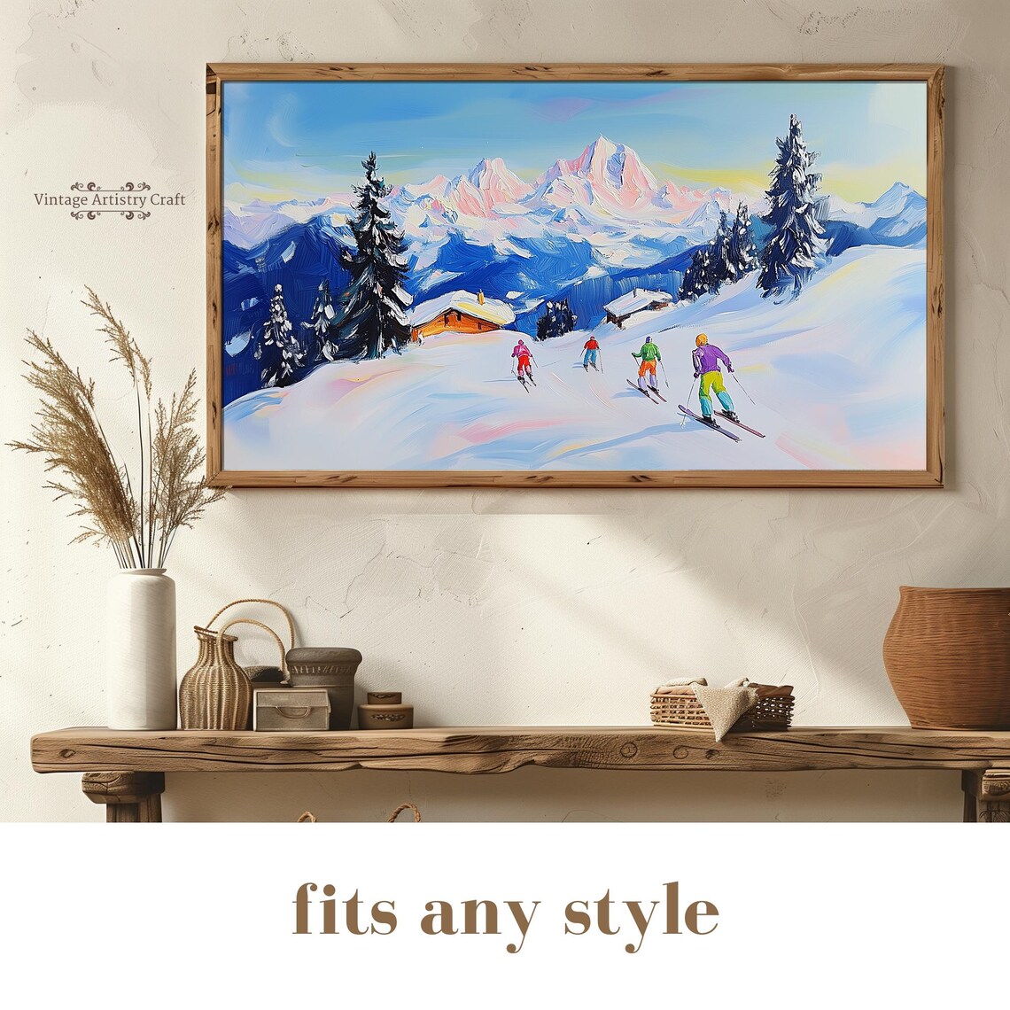 Skiers Alpine Slope Snowy Mountain Winter Sports Painting Poster - Image 8