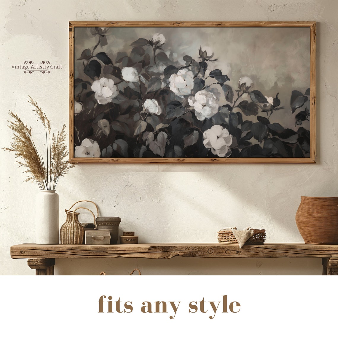 Moody White Blossoms Dark Botanical Oil Painting Elegant Floral Poster - Image 2