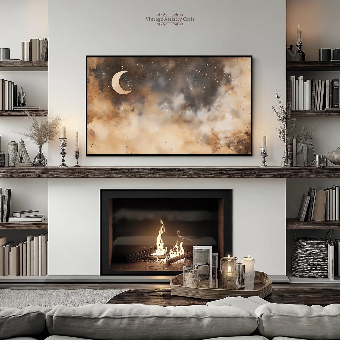Crescent Moon Golden Cloudy Night Sky Watercolor Dreamy Poster - Image 3