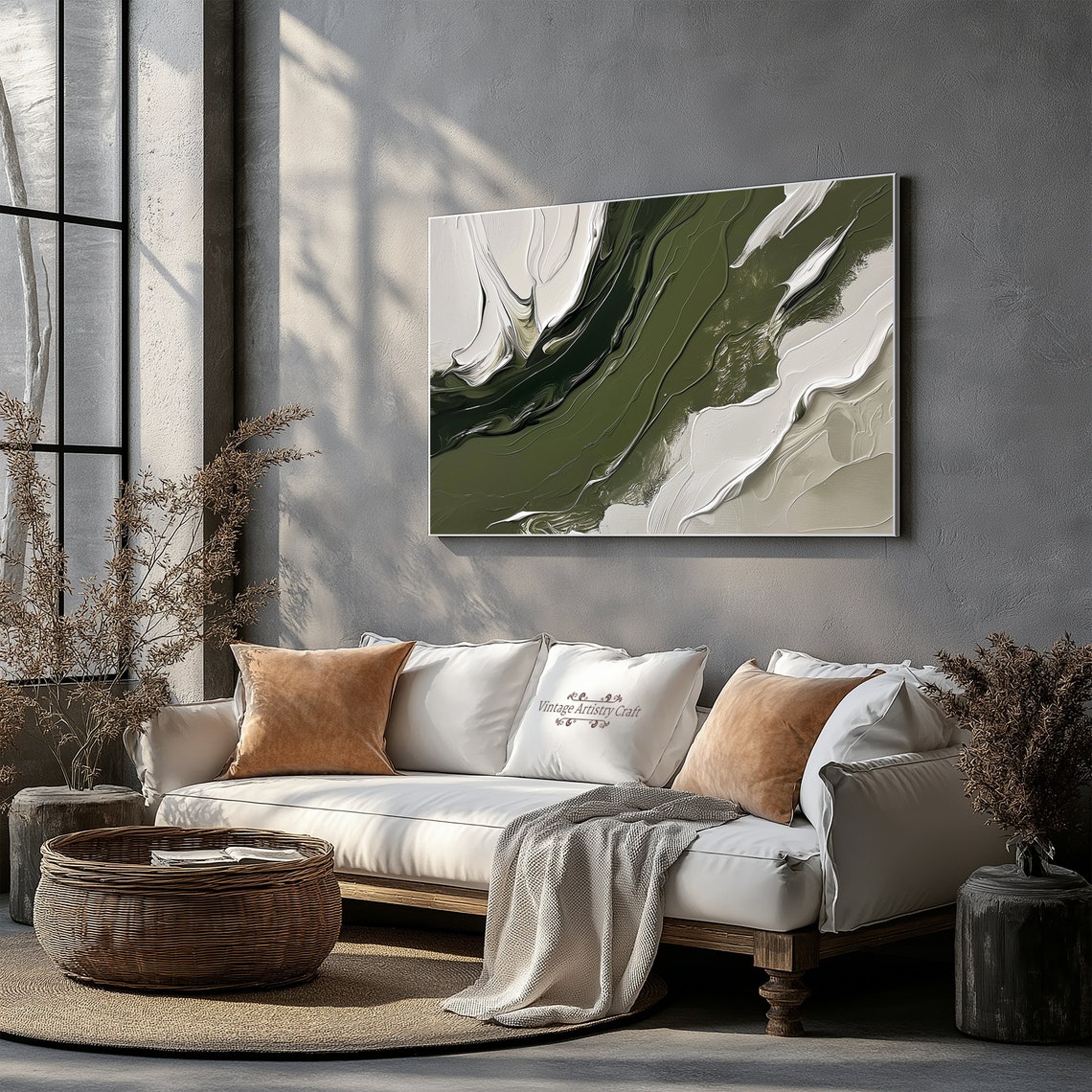Olive Green White Abstract Fluid Texture Modern Painting Poster - Image 6