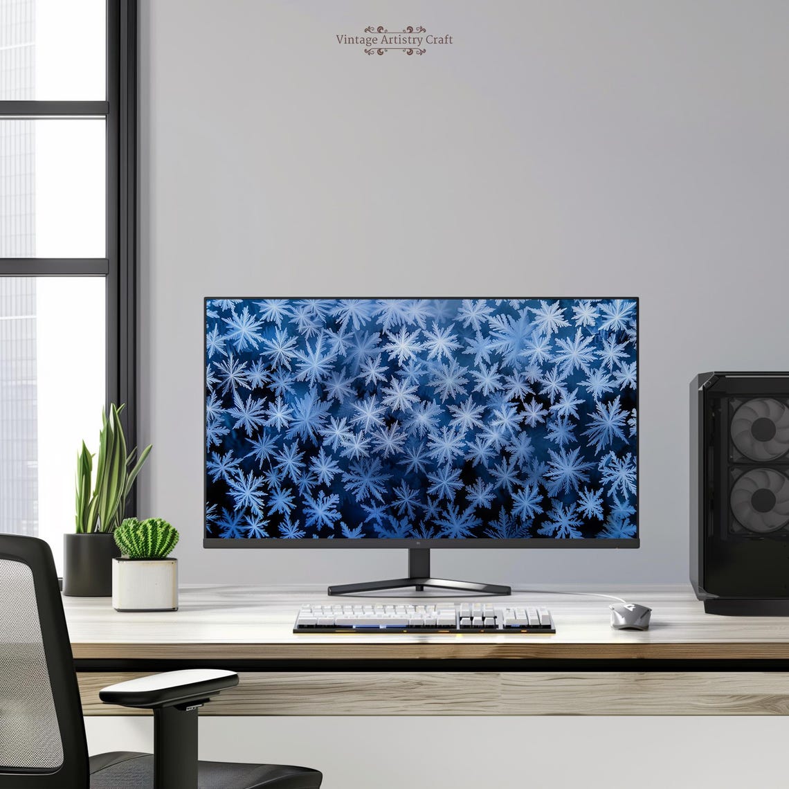 Blue Snowflake Pattern Winter Icy Wallpaper Digital Art Poster - Image 3