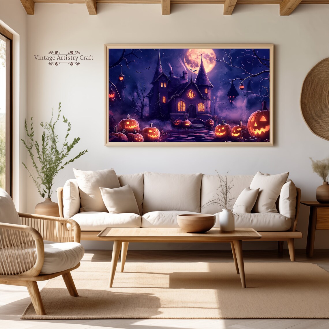 Haunted House Halloween Night Full Moon Pumpkins Spooky Painting Poster - Image 2