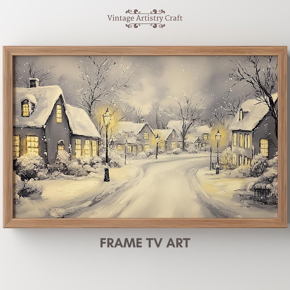 Snow Covered Village Street Glowing Lamps Night Winter Scene Poster