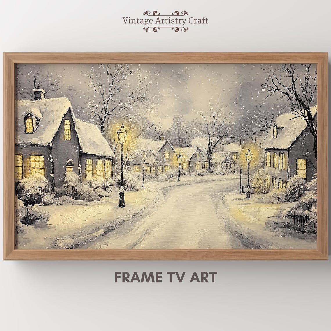 Winter Frame Tv Art Snowy Village Warm Street Town Moody Farmhouse Tv Decor Vintage Oil Painting 4k