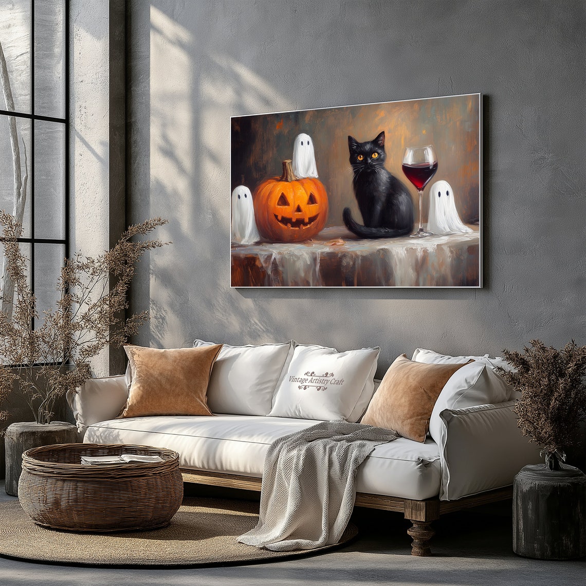 Cute Ghosts Jack O Lantern Black Cat Wine Halloween Painting Poster - Image 3