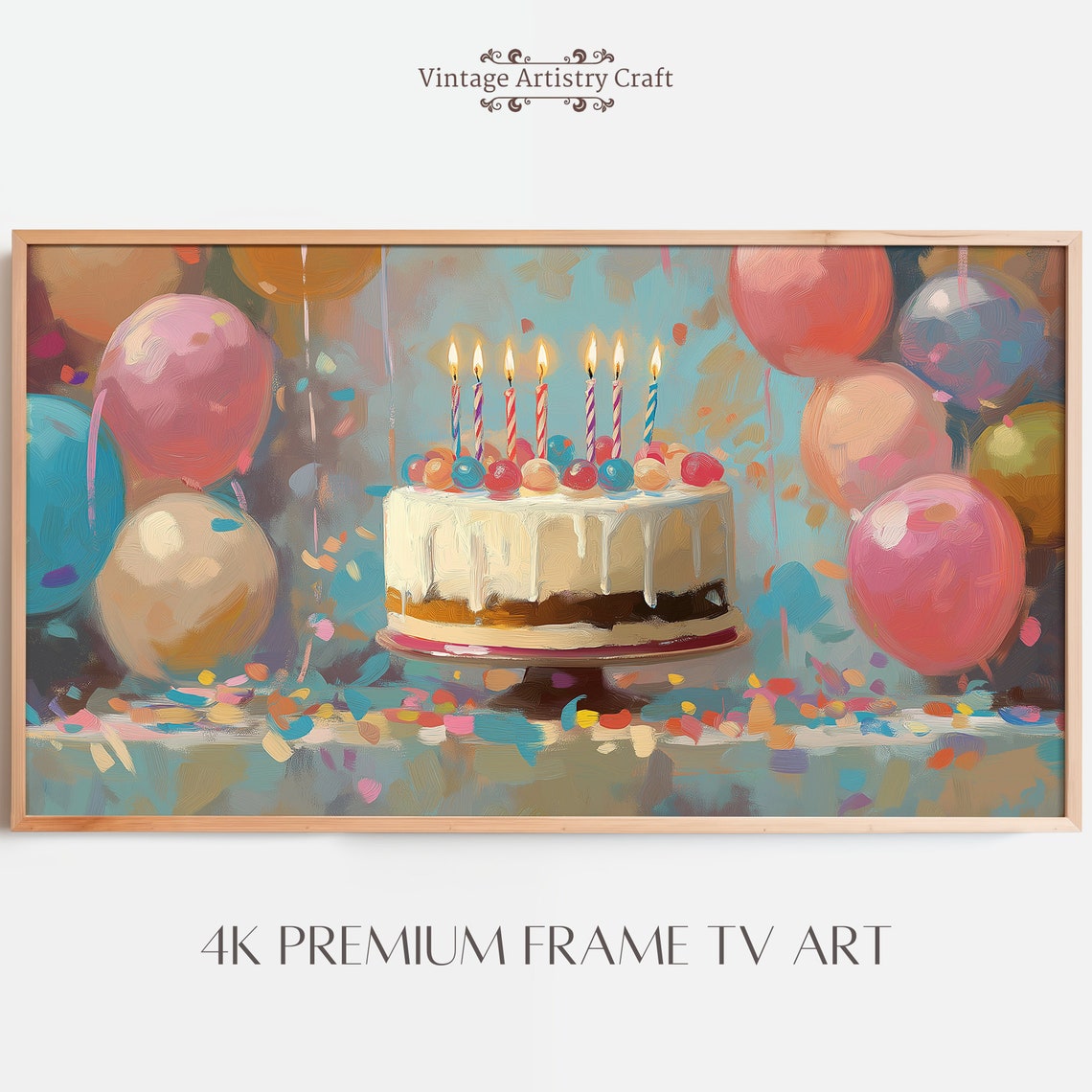 Colorful Birthday Cake Balloons Party Celebration Oil Painting Poster