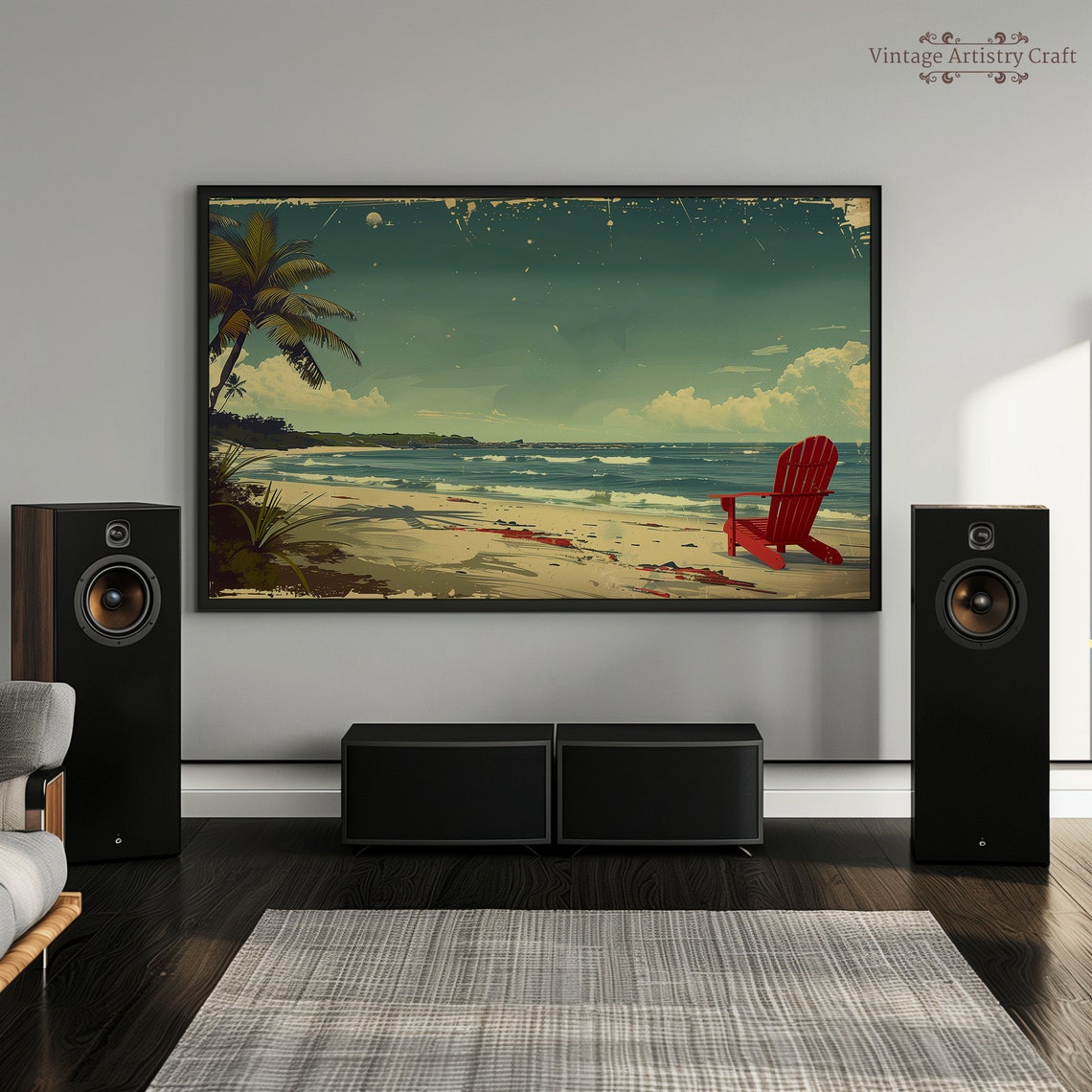Vintage Beach Palms Red Beach Chair Retro Ocean Scene Poster - Image 3